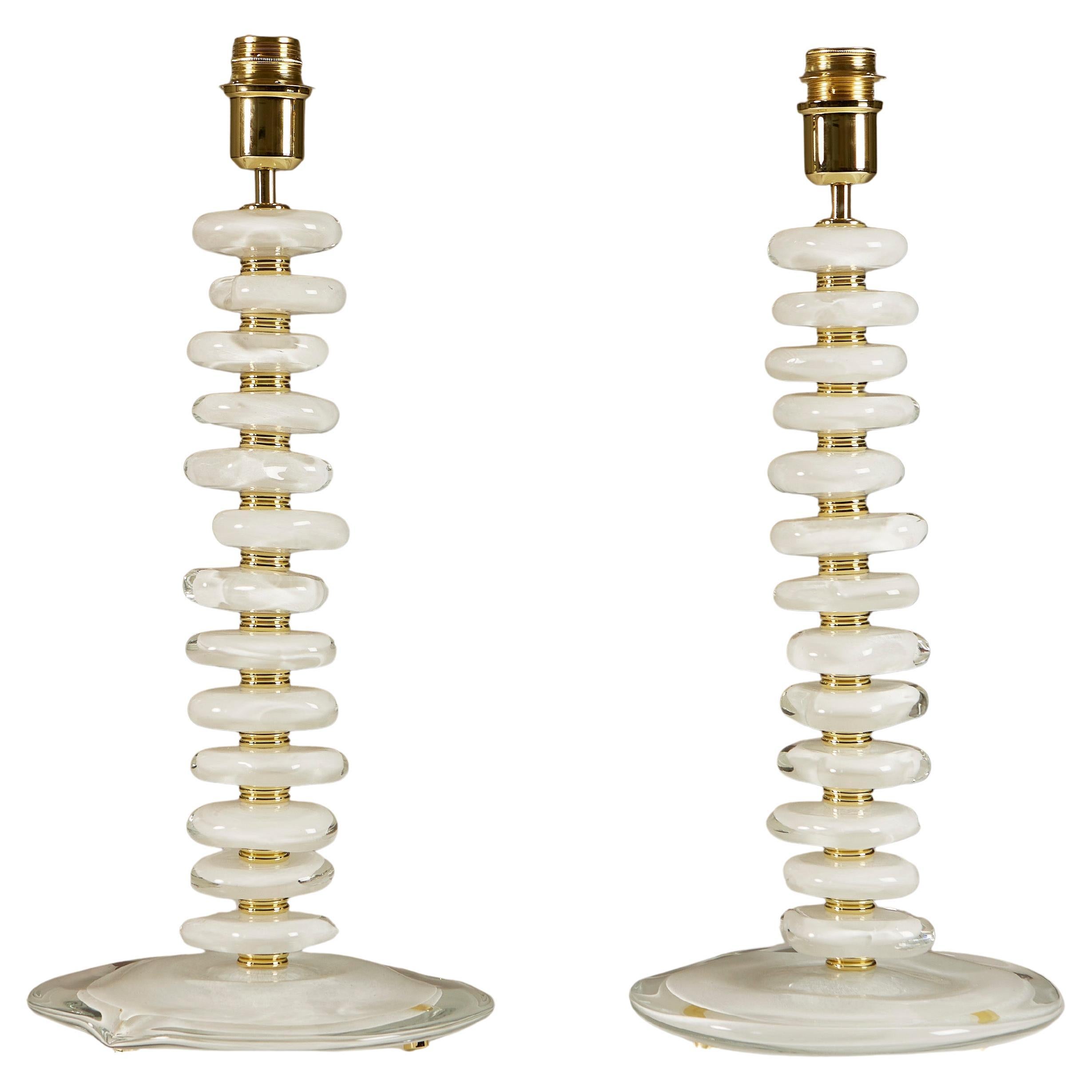 Pair of Italian Murano white and clear pebble Lamps with brass detail For Sale