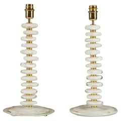 Pair of Italian Murano white and clear pebble Lamps with brass detail