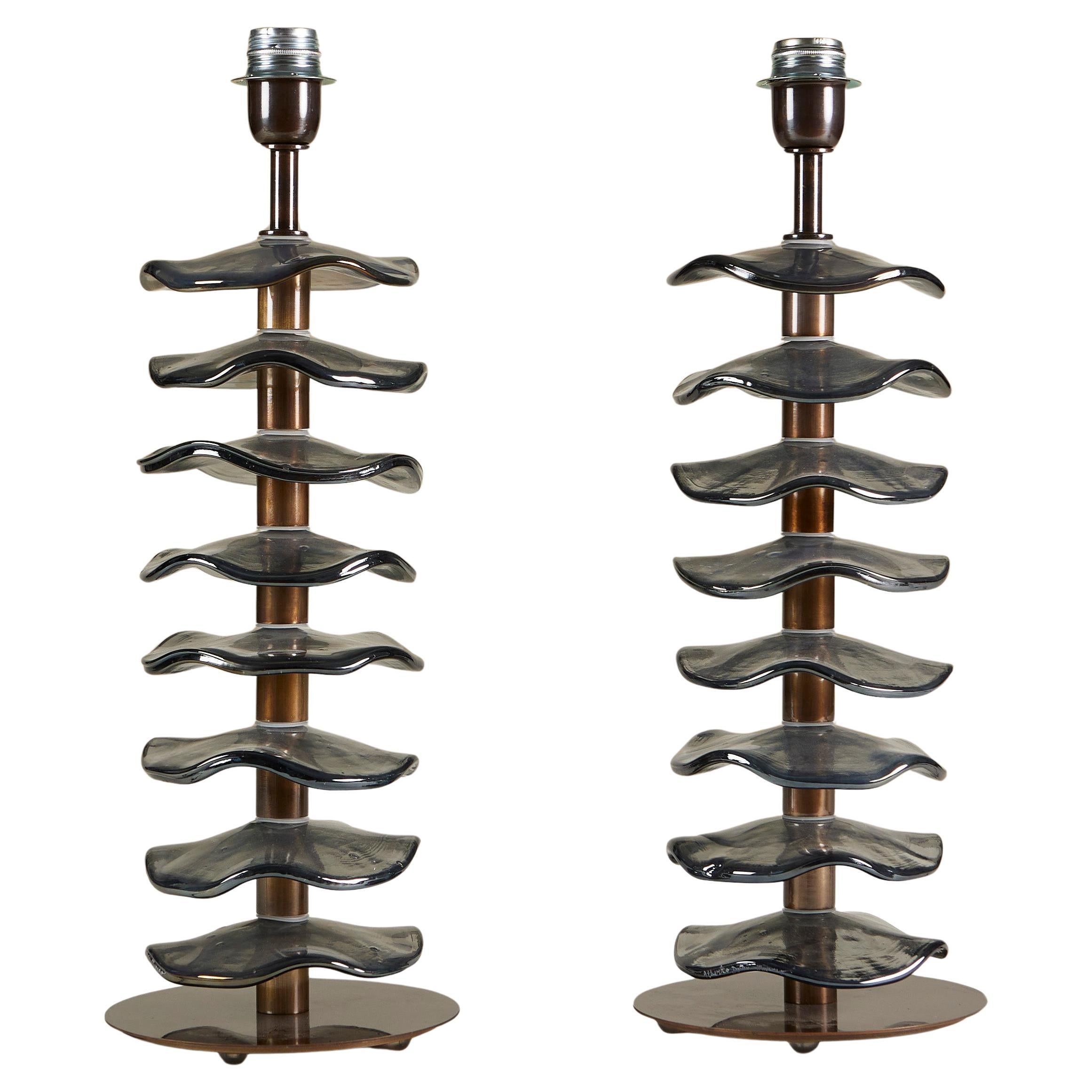 Pair of Italian Brass and Murano grey / black iridescent petal lamps, modern