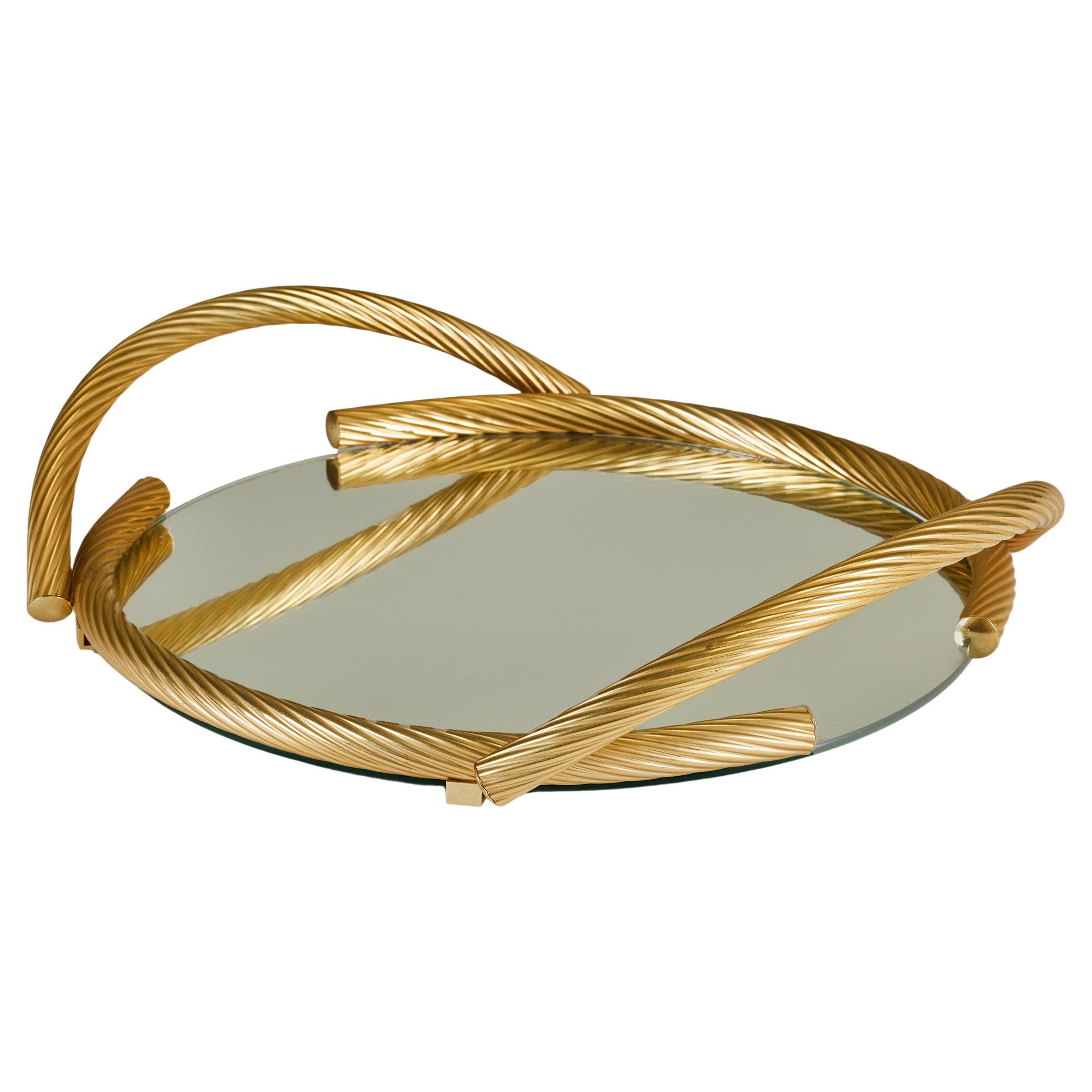 1980 Gold Italian mirrored circular rope tray by Dimart
