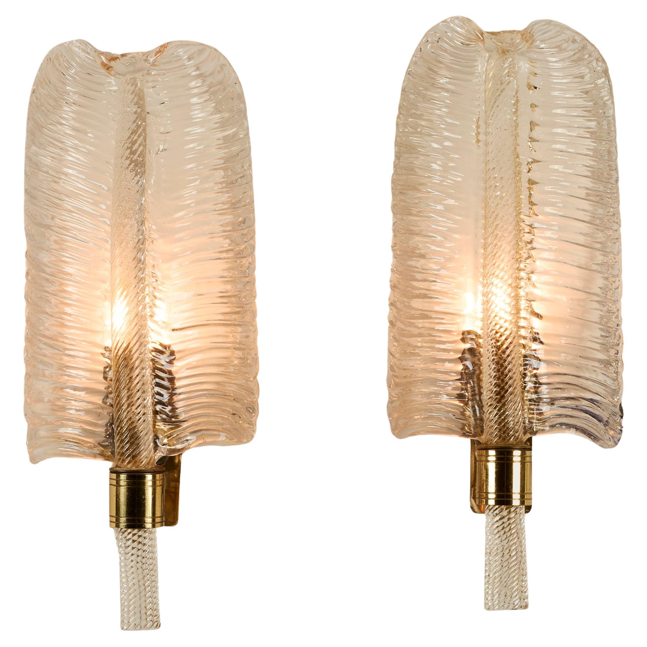 Pair of Italian 1950s Murano gold flecked glass leaf wall lights