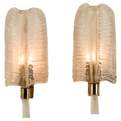 Pair of Italian 1950s Murano gold flecked glass leaf wall lights