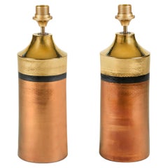 Pair of 1960s ceramic Bitossi gold, black and copper glazed lamps for Bergbom