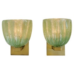 Pair of Italian brass ad Murano pale green bullicante wall lights