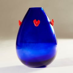 Deep blue hand-blown vase with hearts designed by the renowned artist Rony Plesl