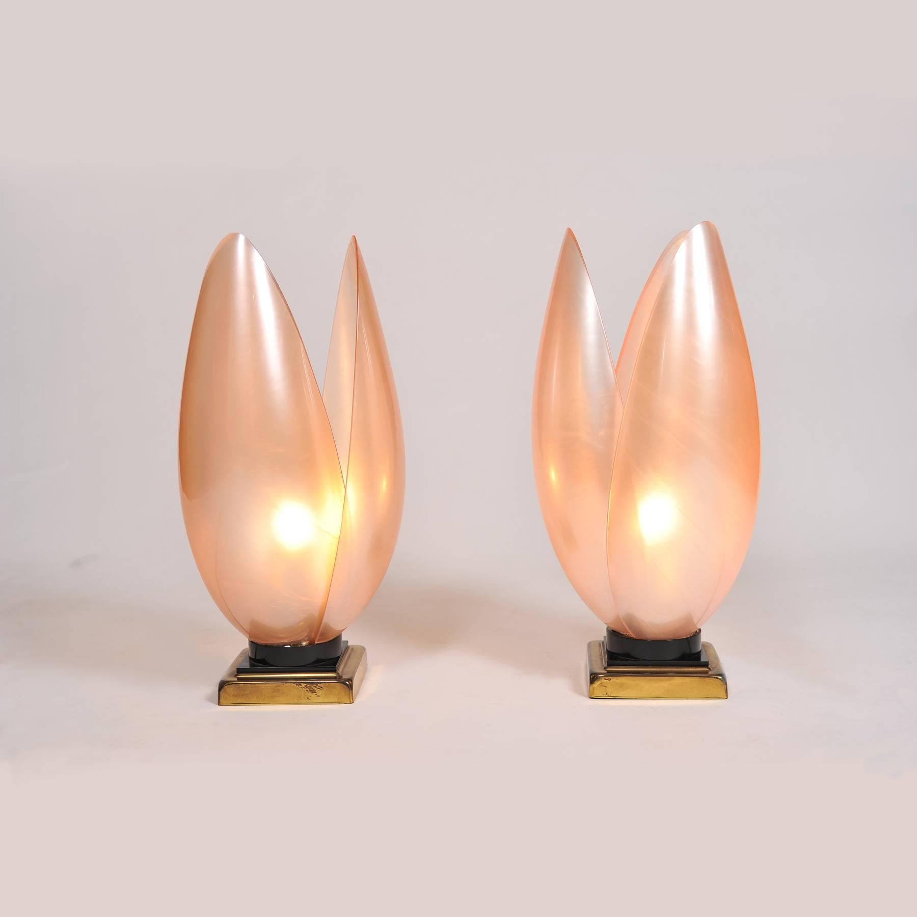 Pair of pale pink Italian lotus flower lamps on black and bronze stepped bases all cast in acrylic.