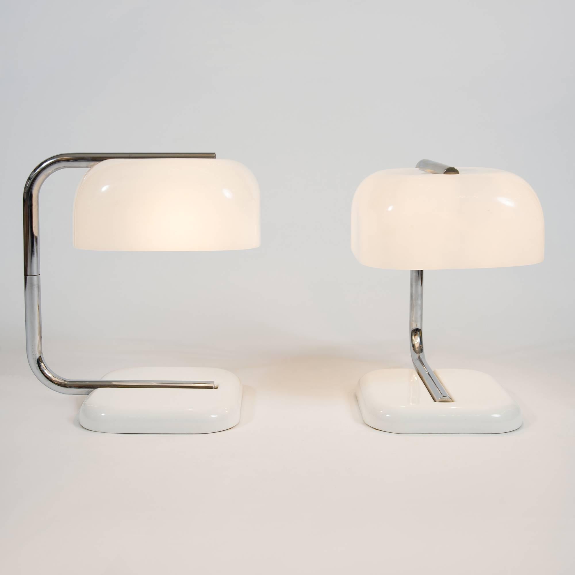 Substantial pair of 1950s Italian desk lamps, each with square white metal base, chrome curved arm and white acrylic shade.
