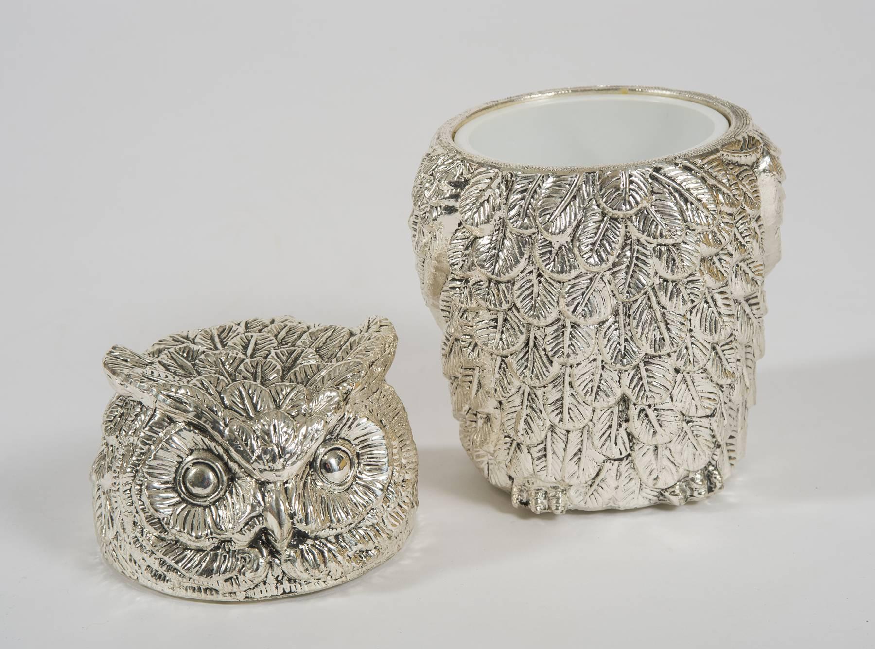 Tall silvered and polished ice bucket in the form of an owl- stamped 'M/M Italy' underneath.