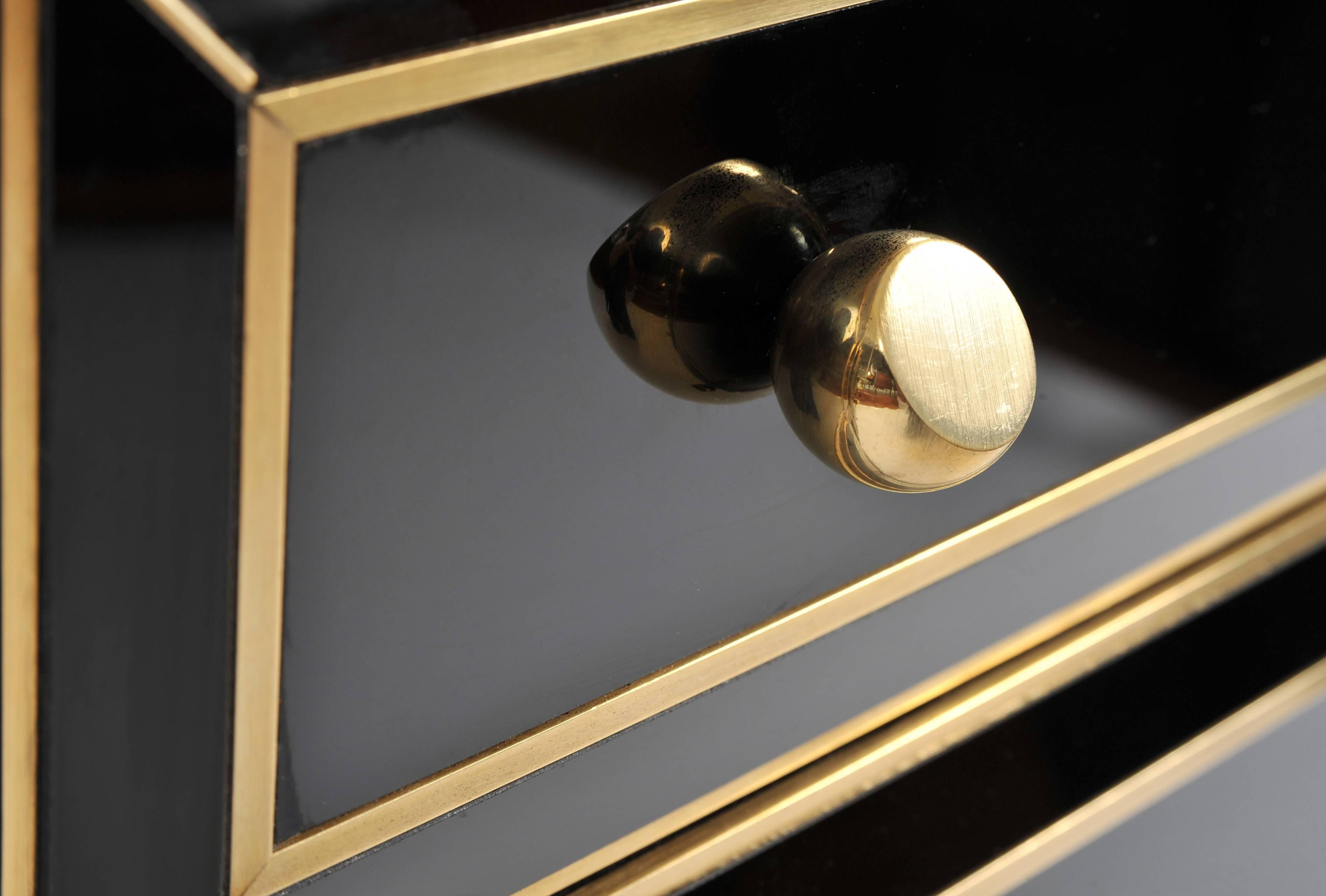 Brass Pair of Italian 1970s Black Glass Chest-of-drawers
