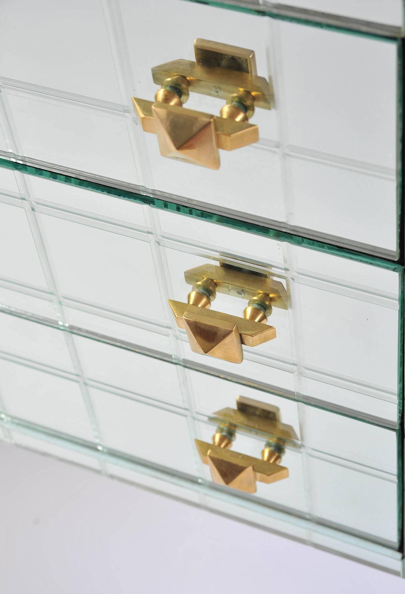 Late 20th Century 1970s Italian Mirrored Chest Nightstands on Brass Legs 