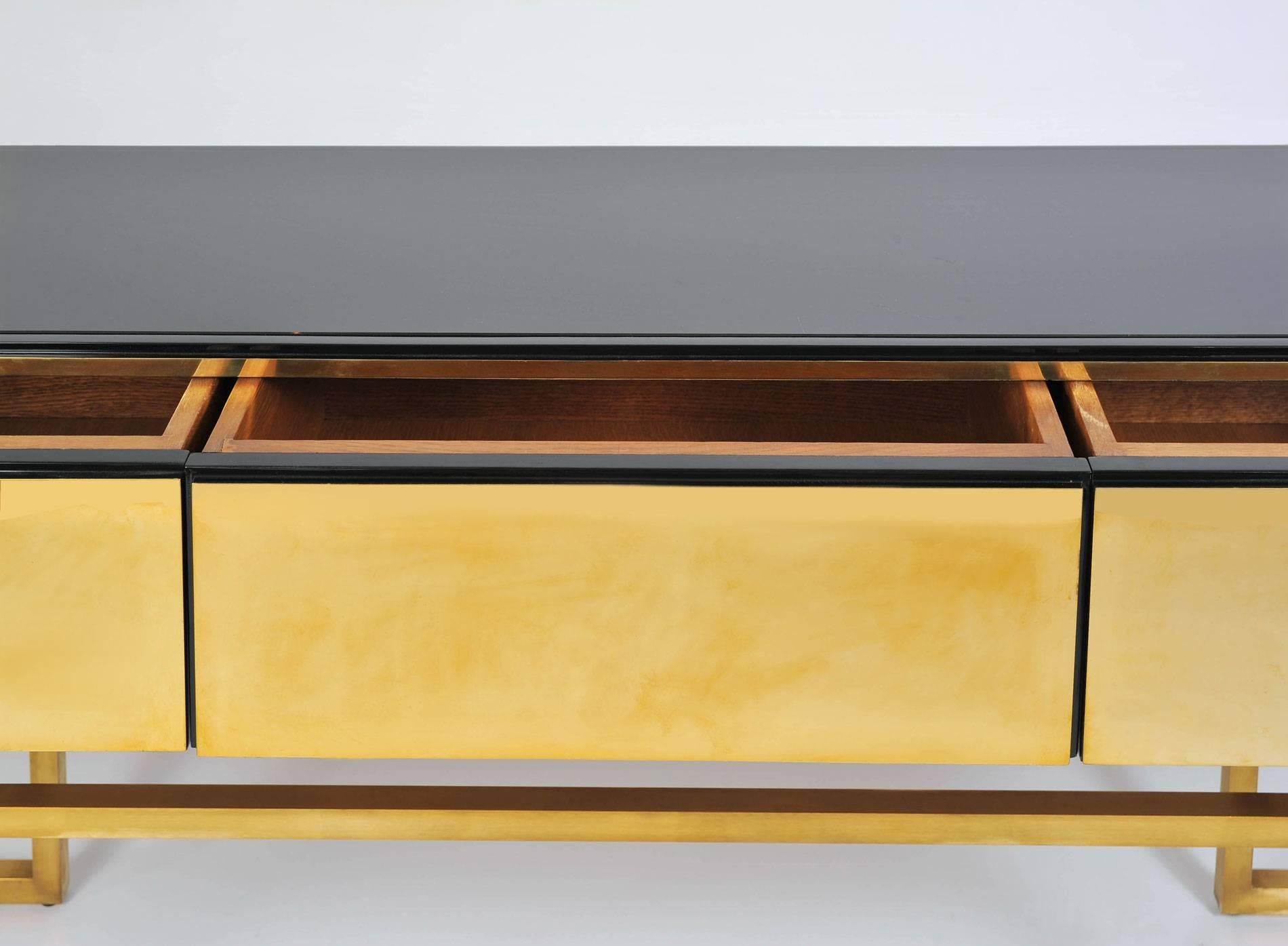 Brass Italian 1970s Long Black and Gold Sideboard