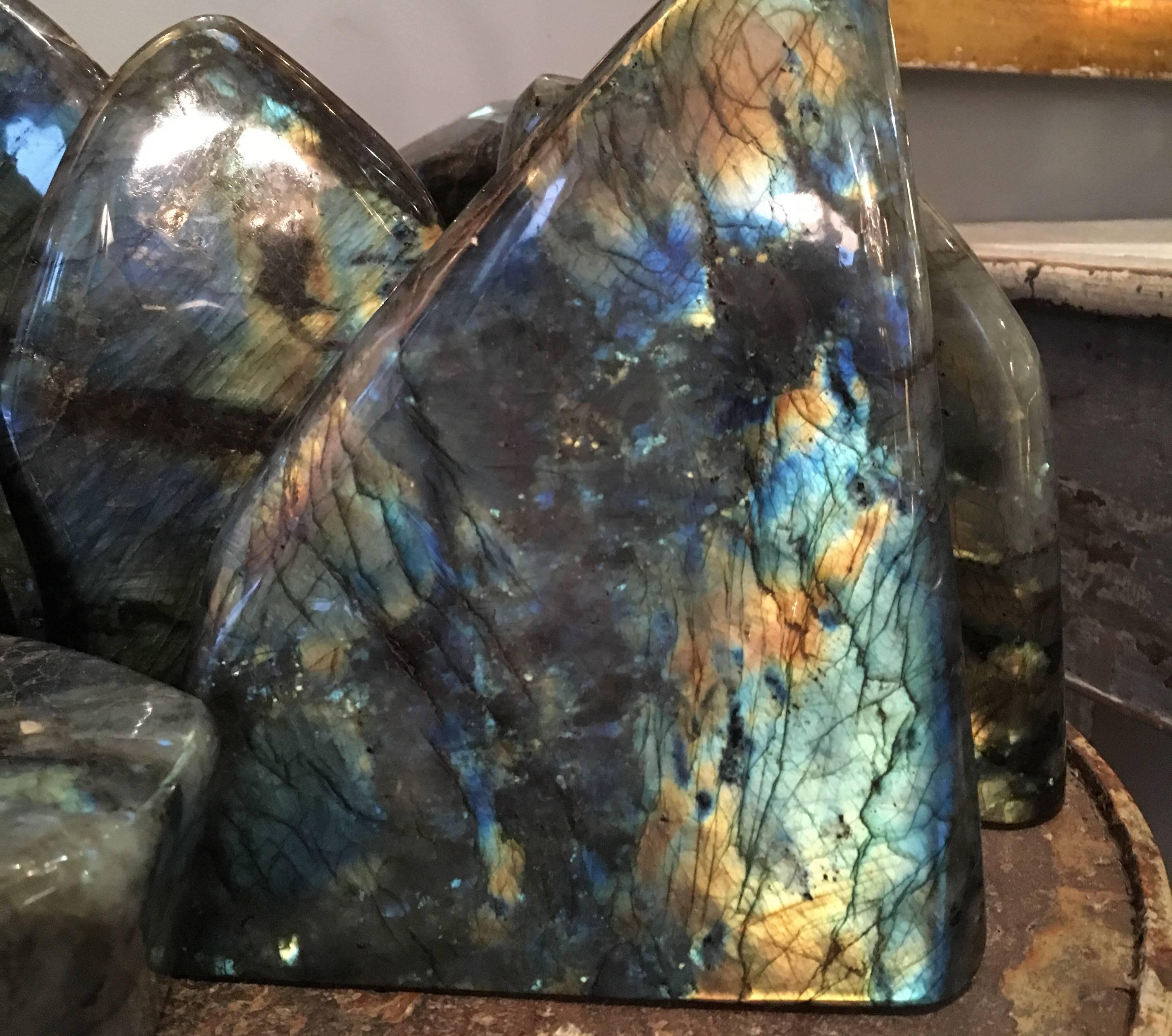 Group of assorted specimens of polished labradorite.
Sold individually for 450. each. Assorted sizes and shapes, but all large and fiery.
