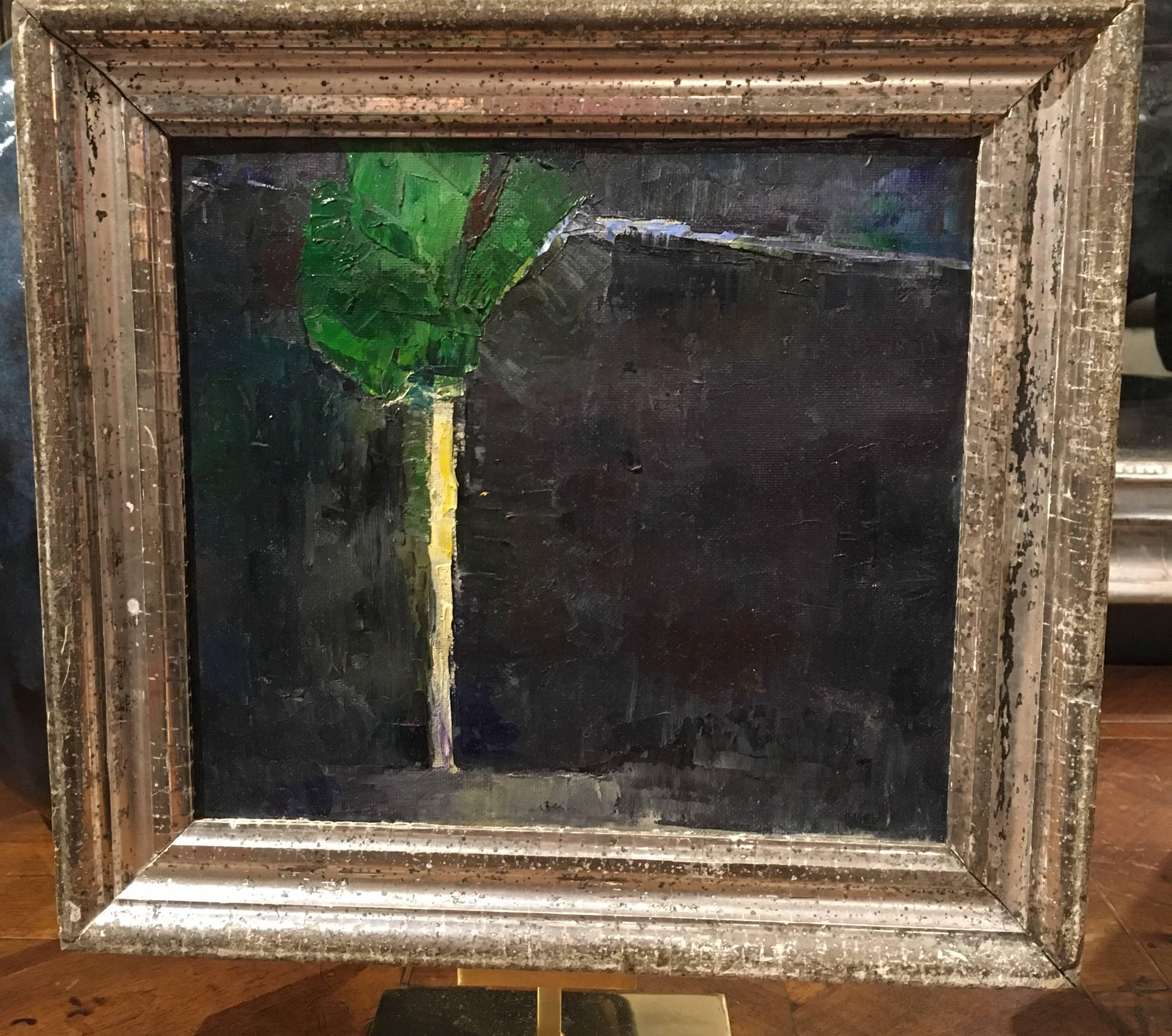 Dramatic midcentury small oil painting in 19th century silver frame
beautiful color.