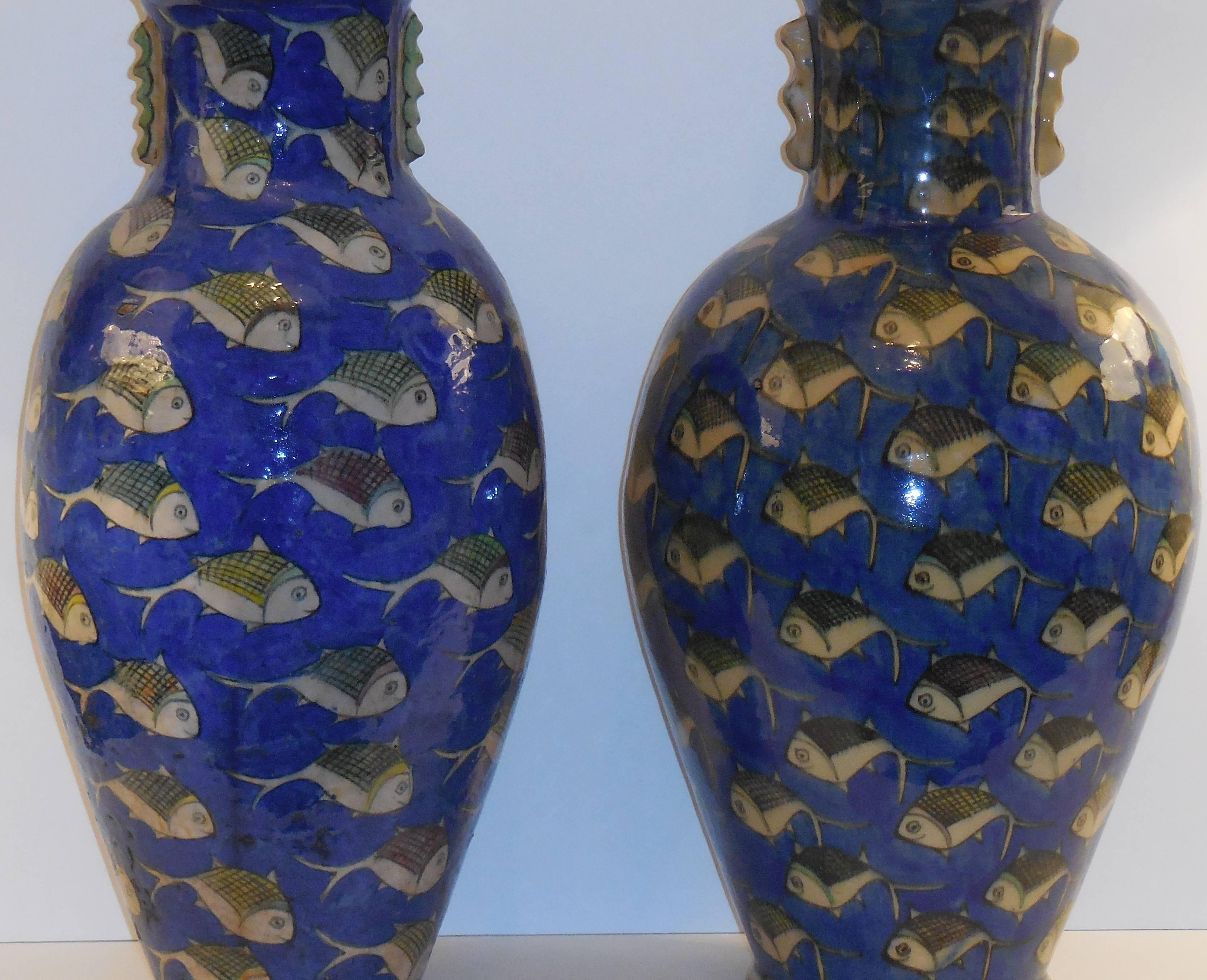 Pair of Antique Ceramic Persian Vases In Good Condition In Delray Beach, FL