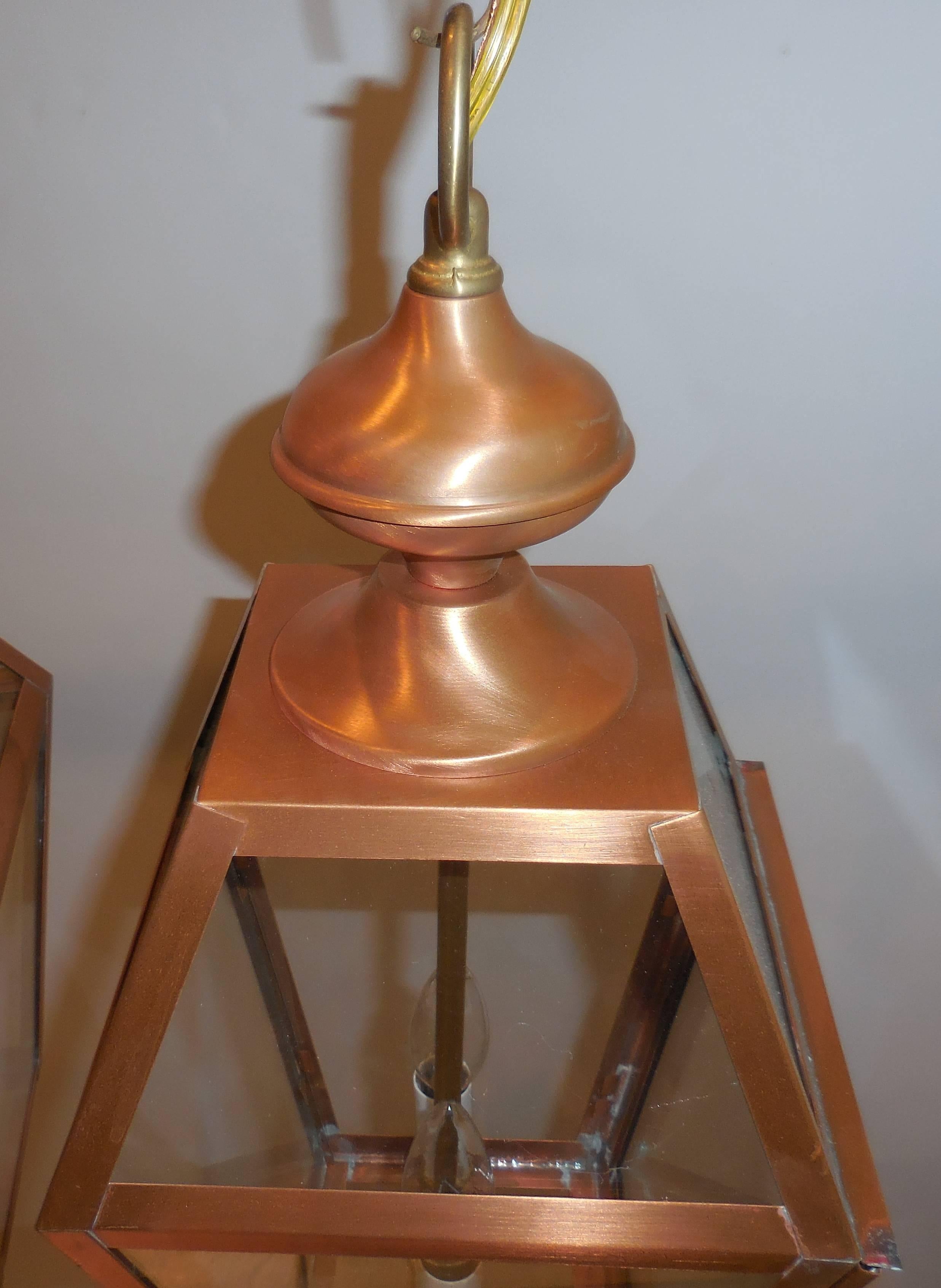 Glass Pair of Hanging Copper Lantern