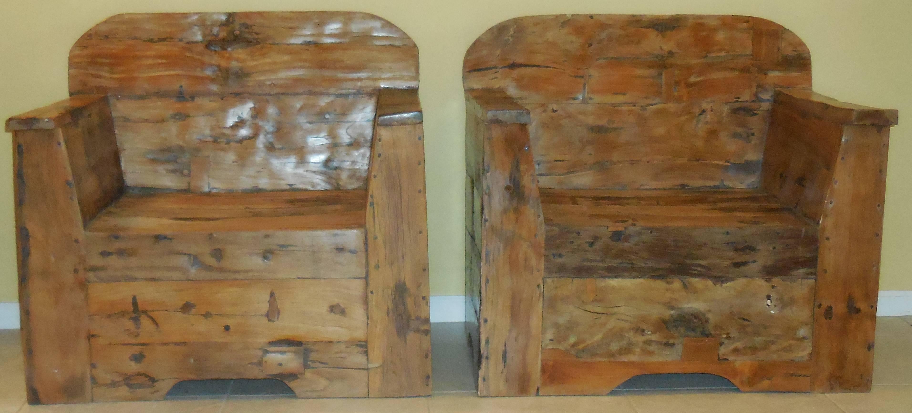 Pair of beautiful carved wood armchairs ,natural look , structurally very stronge , very decorative 
One of a kind.