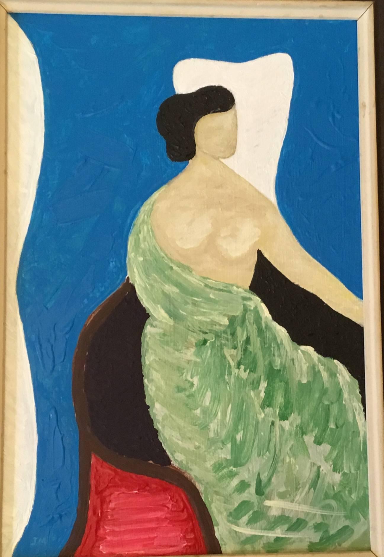 Funky painting of a sitting elegant women looking forward, beautiful vivid colors on a turquoise background.
Signed: JM.
   