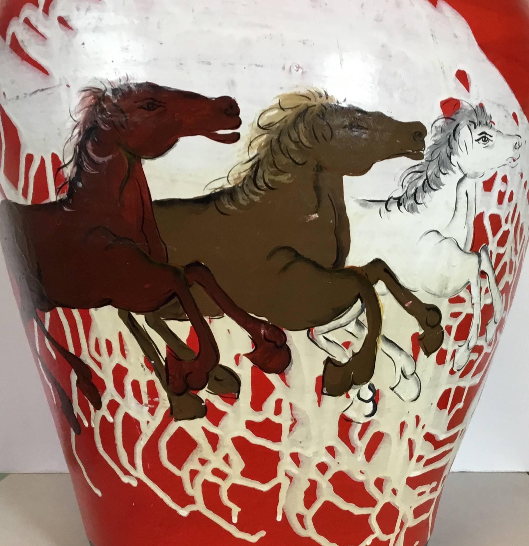 Beautiful ceramic vase-planter artistically hand-painted, of three horses with abstract motif around.
Great decorative object of art indoor or outdoor.
The opening is: 10”.5.