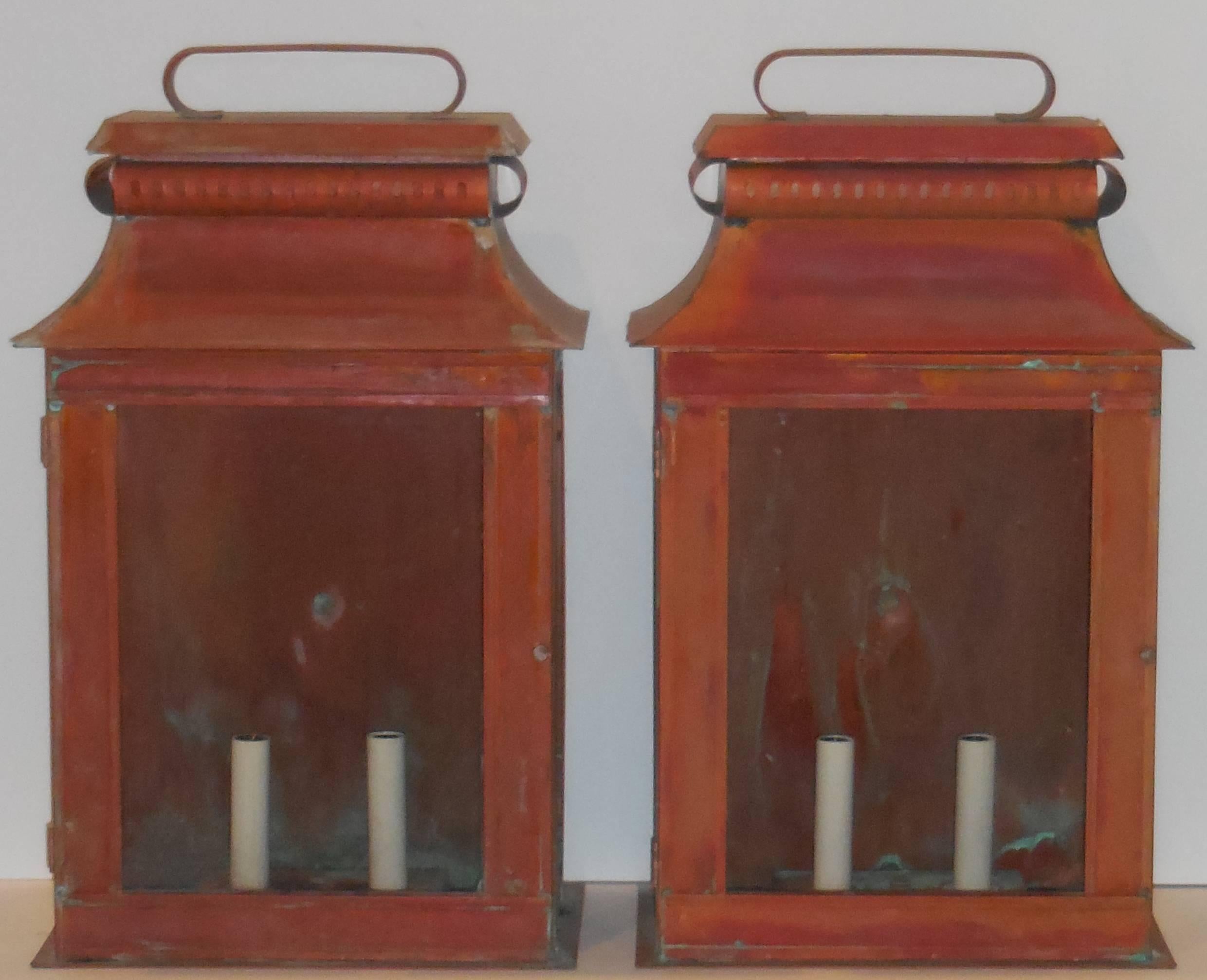 American Pair of Large Architectural Wall Copper Lantern