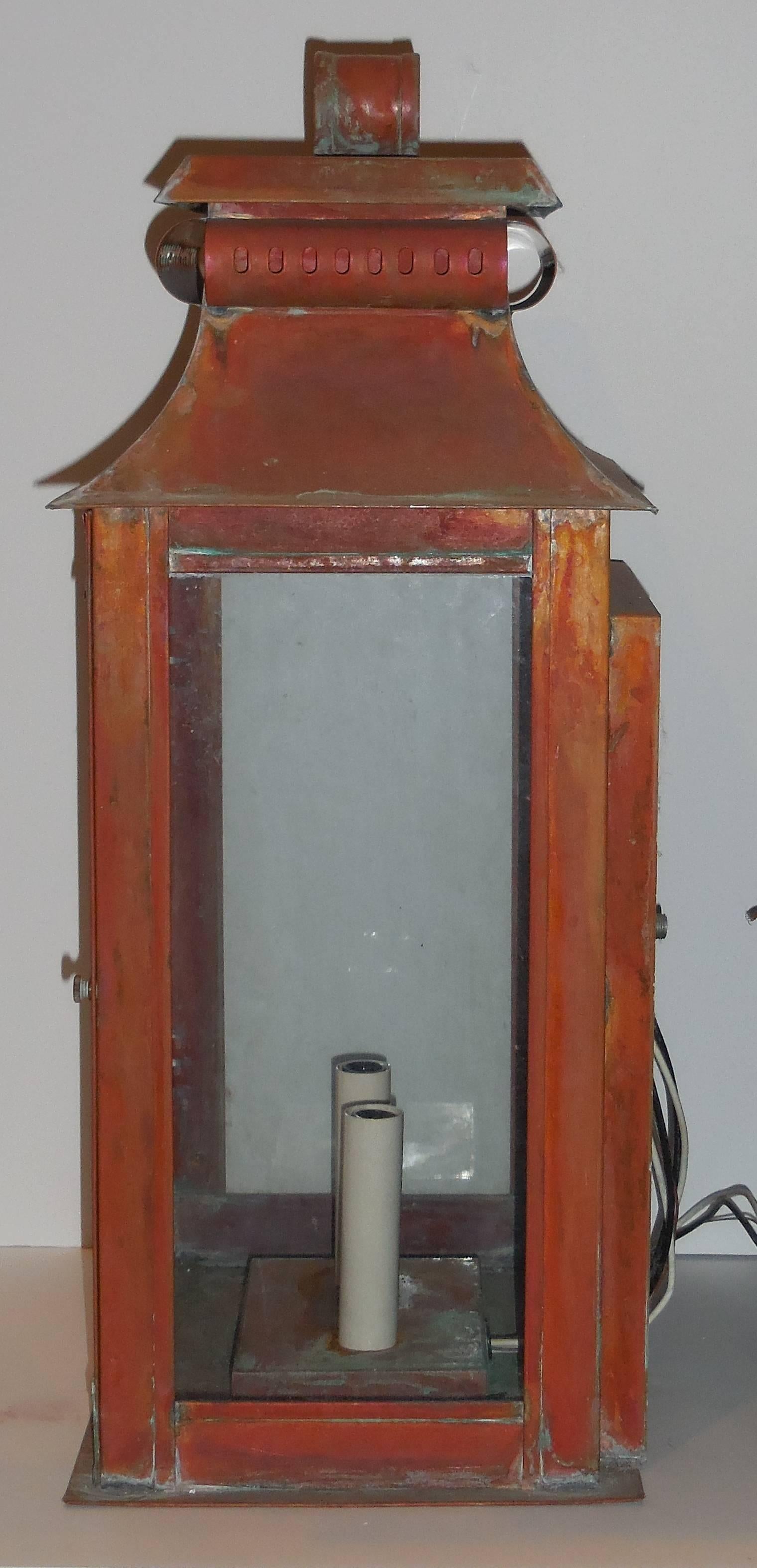 Pair of Large Architectural Wall Copper Lantern In Excellent Condition In Delray Beach, FL