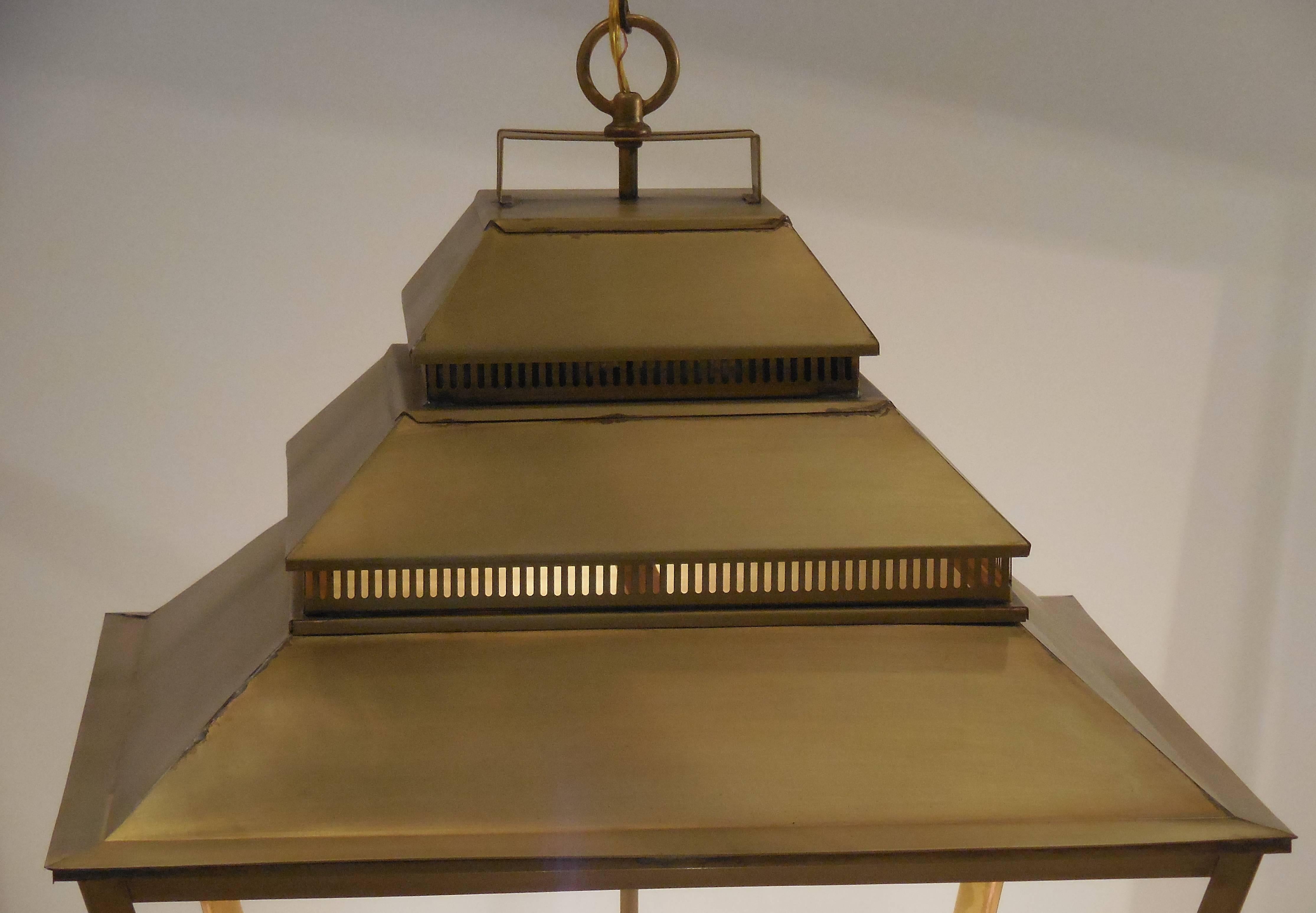 Large Brass Hanging Lantern In Excellent Condition In Delray Beach, FL