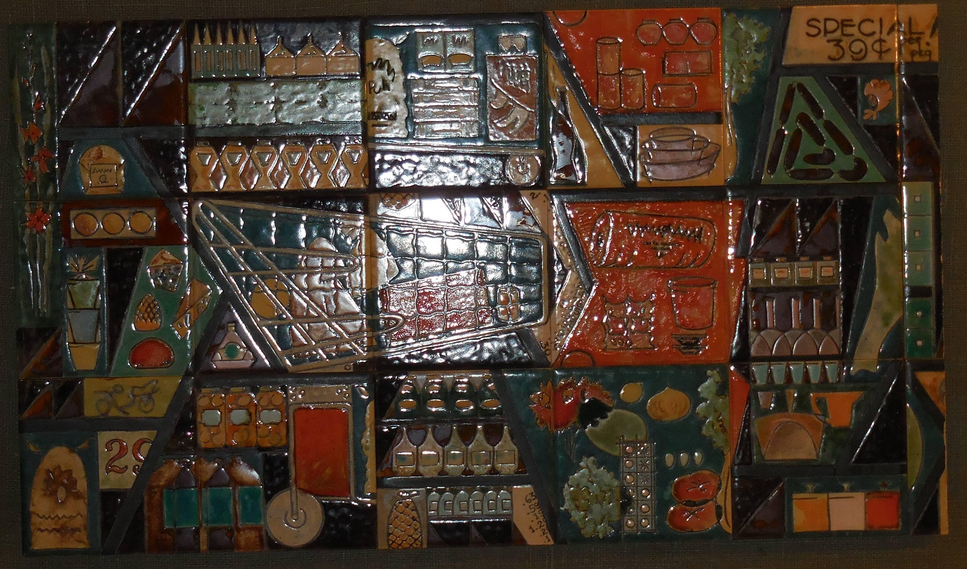 One of a kind vintage ceramic tiles wall hanging, viewing industrial market 
Made of 15 tiles size: 6