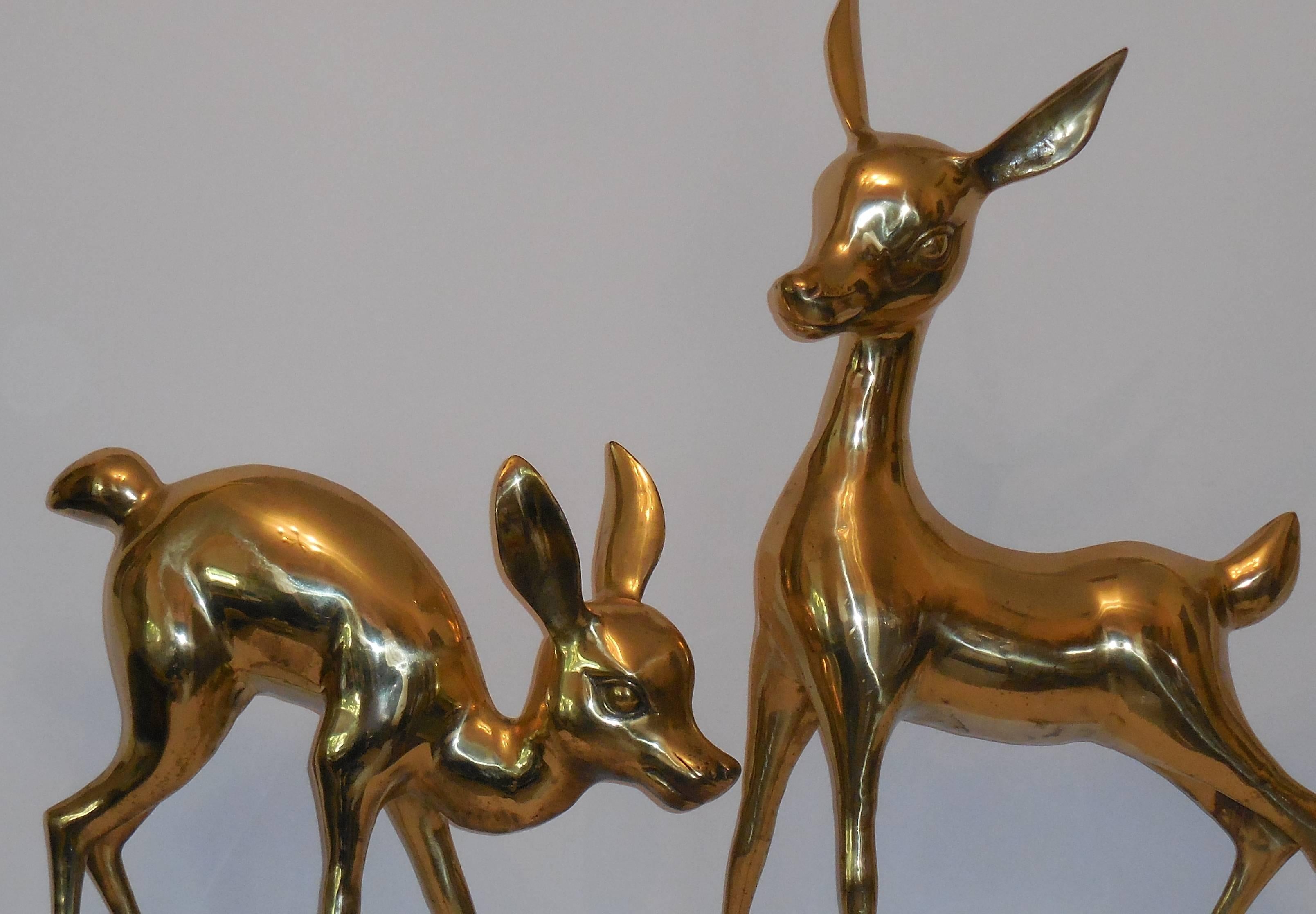 Mid-20th Century Large Pair of Brass Baby Deer