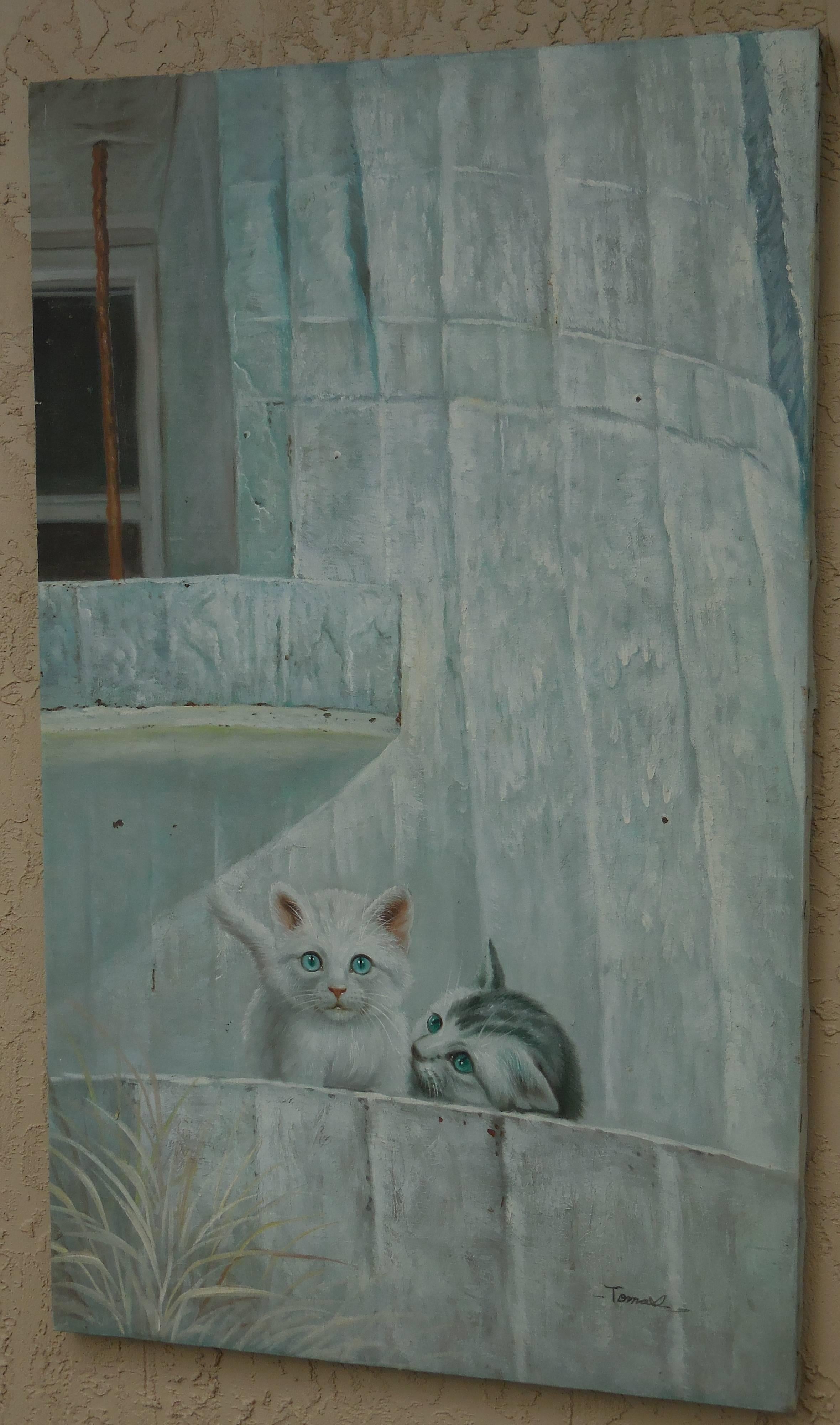 Belle peinture à l'huile sur toile des années 1960 représentant deux mignons chatons l'un à côté de l'autre, peinture vivante et détaillée, superbe suspension murale pour les amoureux des chats.
Signé par l'artiste en bas. Le cadre n'est pas