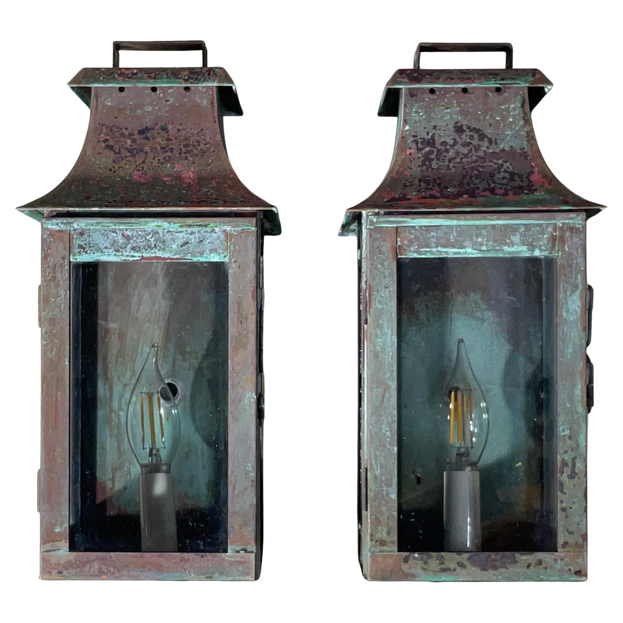 Exquisite Pair of Antique-Style Copper Wall Lanterns with Natural Patina