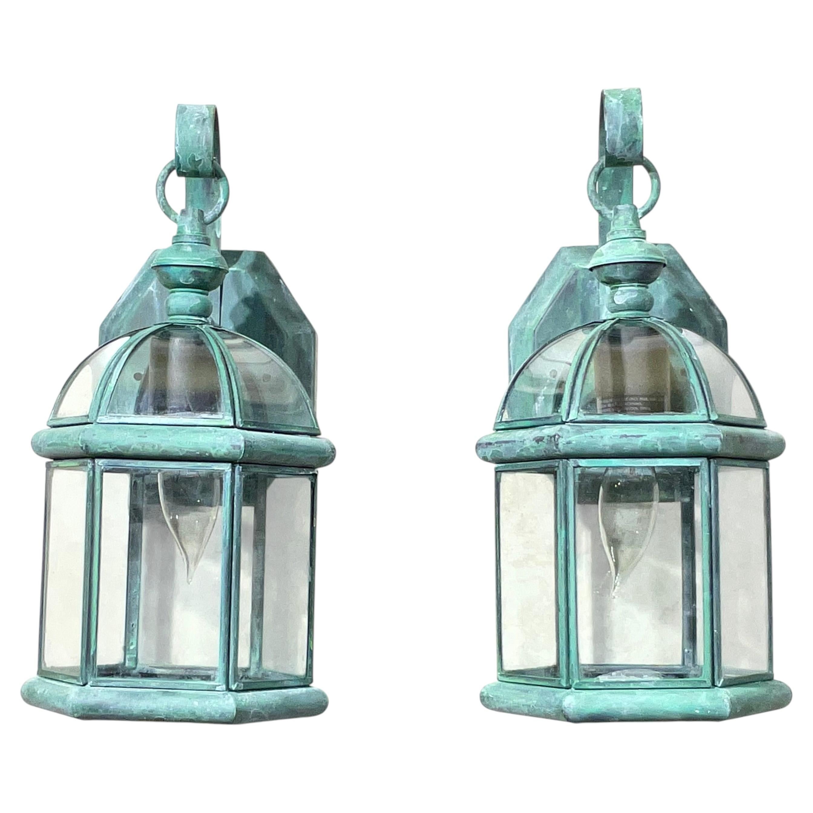 Small Pair of Vintage-Style Solid Brass Wall Lanterns Sconces- 12”25 x 6” x6” For Sale