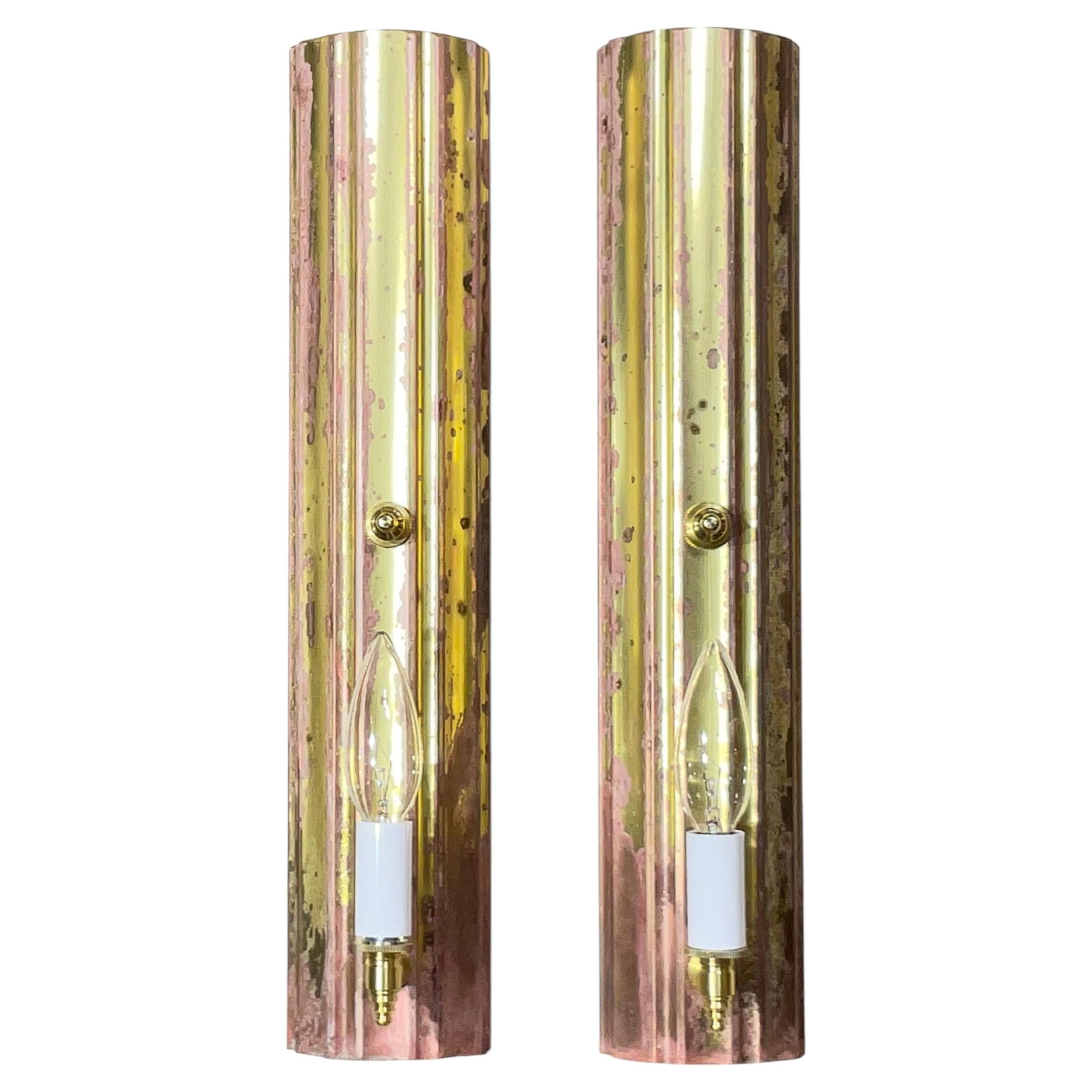 One Of A Kind Pair of Joseph Malekan Repurposed Solid Bronze Column Wall Sconces For Sale