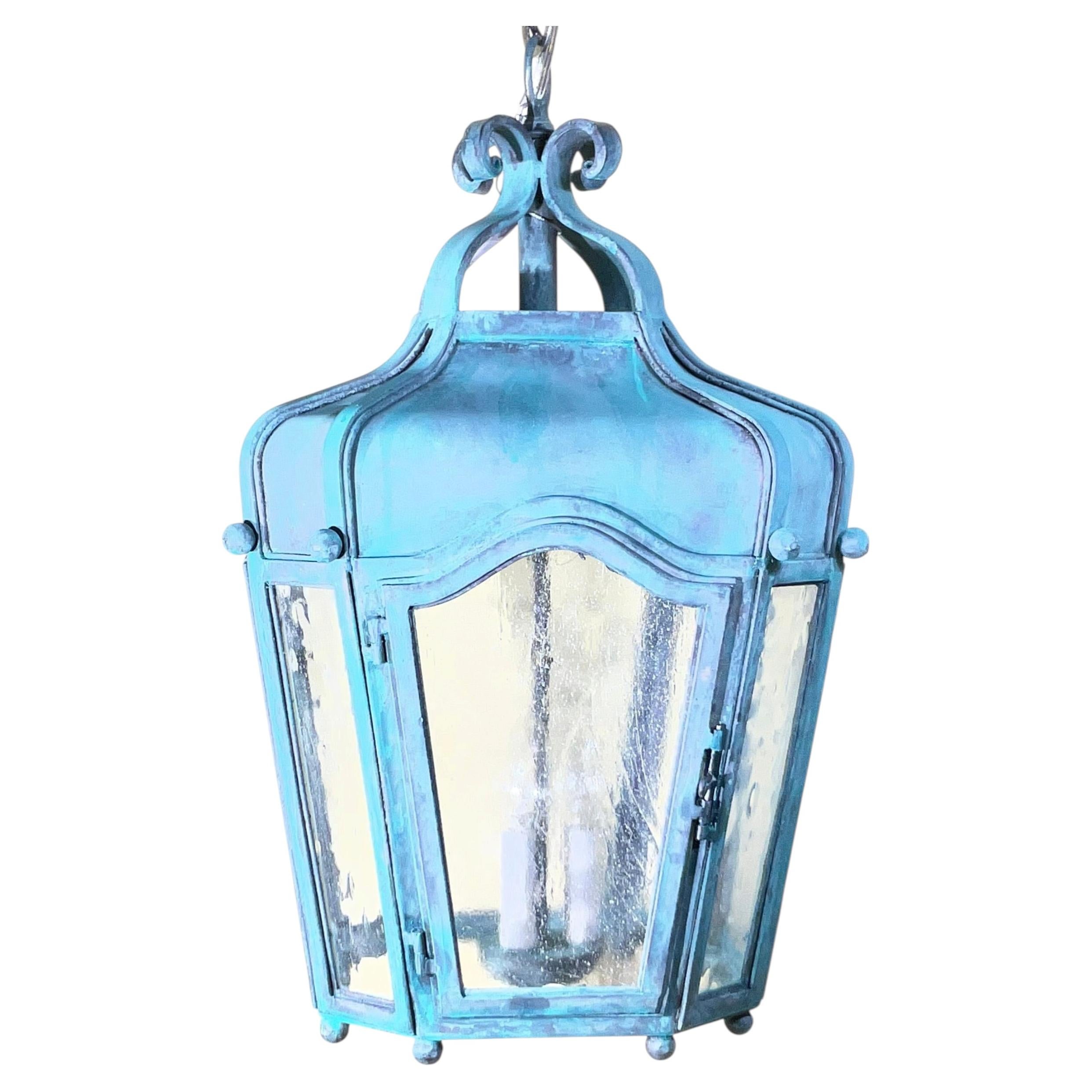 Exquisite Vintage Verdigris Hand -Forge Iron Hanging Lantern / Chandelier. For Sale