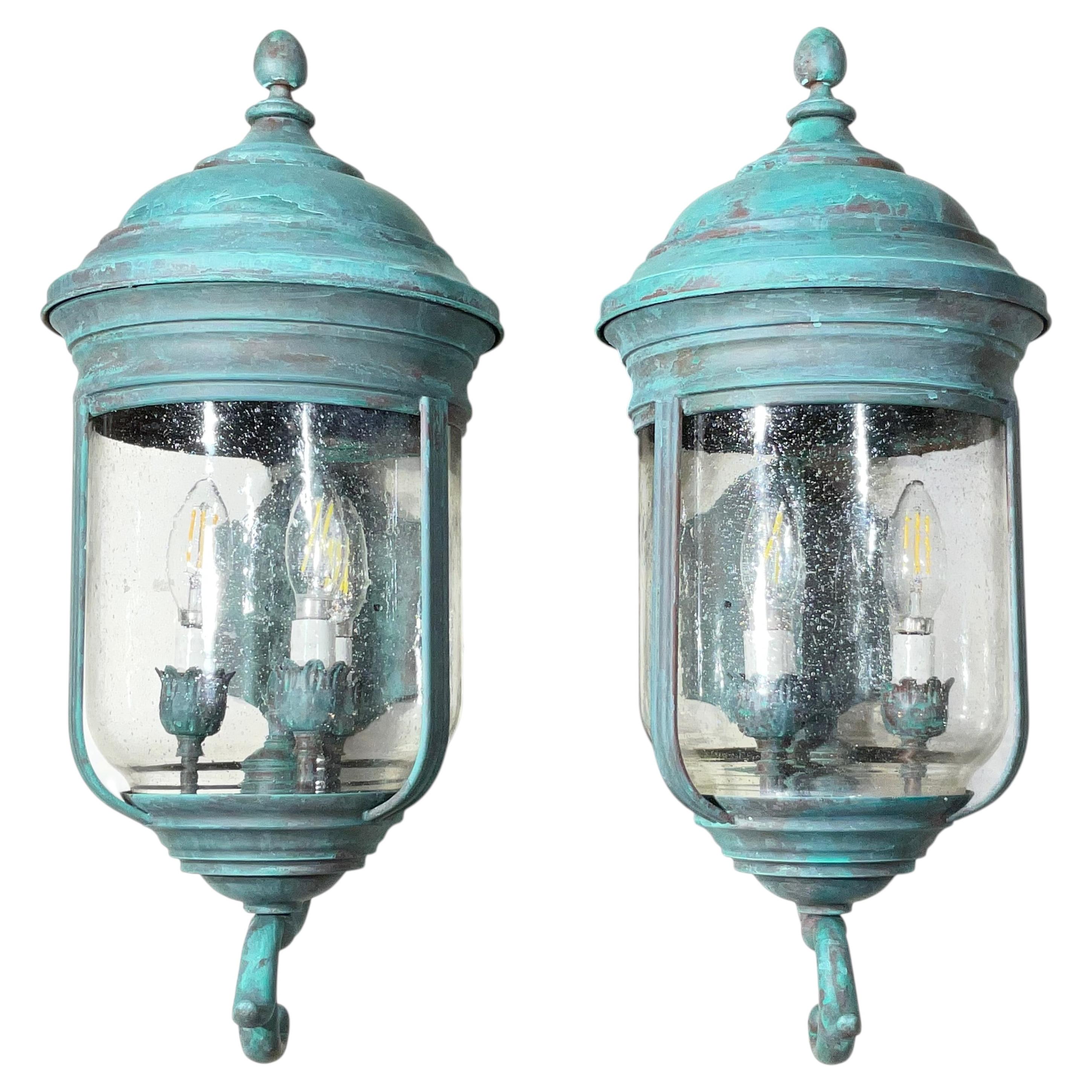 Pair of Vintage Solid Brass Wall Lanterns /Sconces 22”x10”x11”.5 For Sale