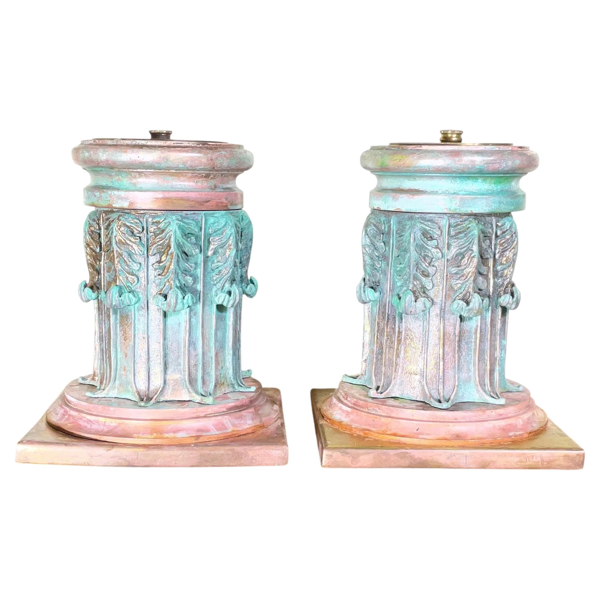 Stunning Pair of Solid Copper and Bronze Architectural Column Sculptures / Bases For Sale