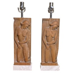 Pair Of Solid Wood Art Deco Style Table Lamps
