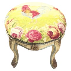 Vintage French Tapestry Footstool – Hand-Made Rooster & Floral Needlepoint.
