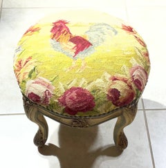Vintage French Tapestry Footstool – Hand-Made Rooster & Floral Needlepoint.