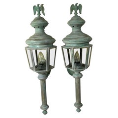 Magnificent Pair of Vintage Solid Brass Eagle-Topped Wall Lanterns