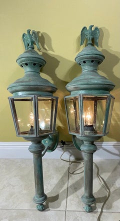 Magnificent Pair of Vintage Solid Brass Eagle-Topped Wall Lanterns