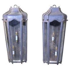 Large Exceptional Pair of Hand-Forged Iron Wall Lanterns Architectural Sconces