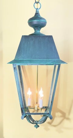 Pair Of Solid Verdigris Brass Hanging Lanterns. 14” x 14” x 33”