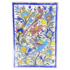 Vintage Persian Ceramic Tile Hand Painted Polychrome Birds & Florals Qajar Style