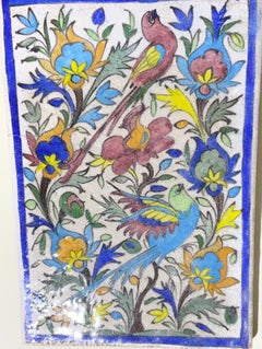Vintage Persian Ceramic Tile Hand Painted Polychrome Birds & Florals Qajar Style