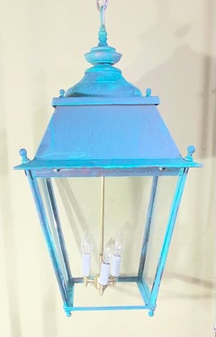Lanterne suspendue ancienne restaurée en cuivre et laiton, luminaire hexagonal/carré