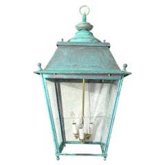 Lanterne suspendue ancienne restaurée en cuivre et laiton, luminaire hexagonal/carré