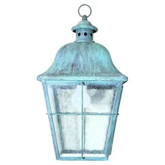 Lanterna da appendere in metallo verdi-grigio, dipinta a mano in stile vintage - 19”x10x10