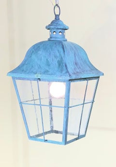 Lanterna da appendere in metallo verdi-grigio, dipinta a mano in stile vintage - 19”x10x10
