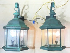 Pair of Solid Brass Outdoor Wall Lantern Sconces – Vintage Aged Verdigris
