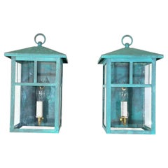 Vintage Pair of Solid Brass Outdoor Wall Lanterns – 13”H x 7”.5W x 7”.5D