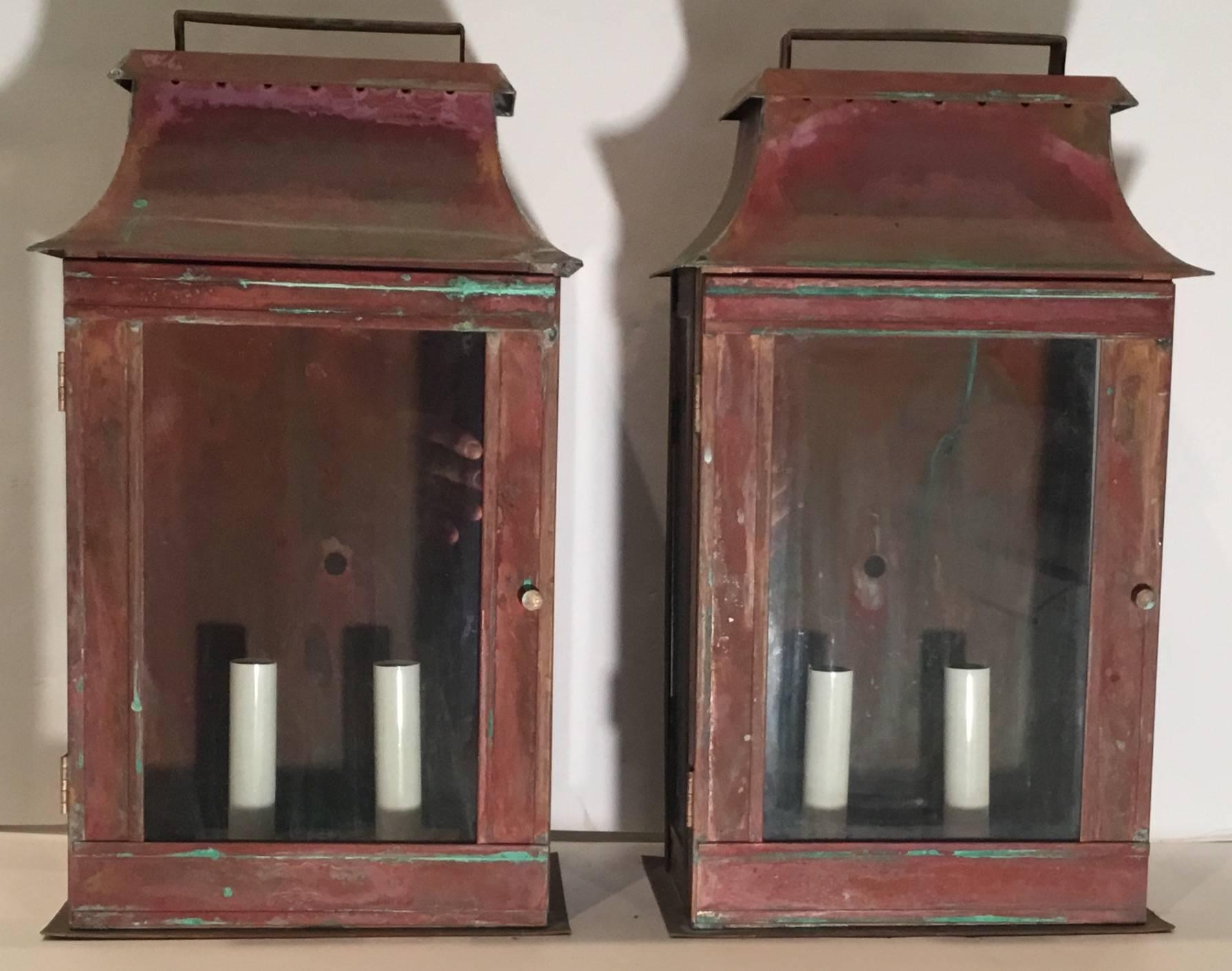 Pair of Copper Wall Lantern In Excellent Condition In Delray Beach, FL